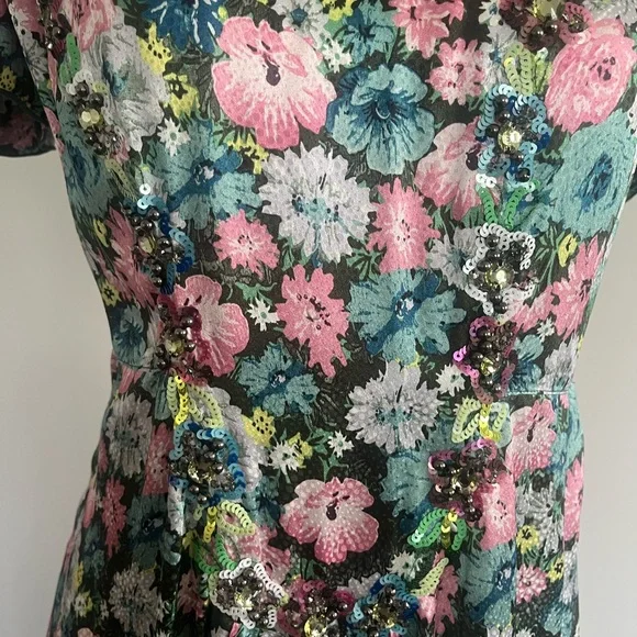 Marc Jacobs Pink and Green Floral Midi Dress with Waist Tie - Picture 5 of 6